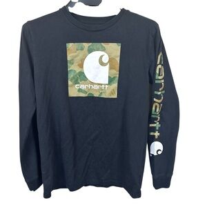 Carhartt long‎ sleeve tee shirt youth size large (12-16) black camouflage crew